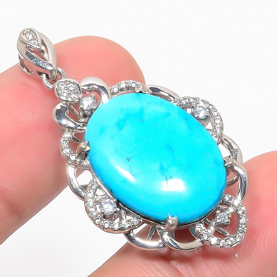 Magnesite Turquoise & Cz 925 Sterling Silver Pendant, Handmade Pendant, Oval Pendant, Blue Pendant, Unique Silver Pendant, Fine Pendant, Silver Jewelry Pendant