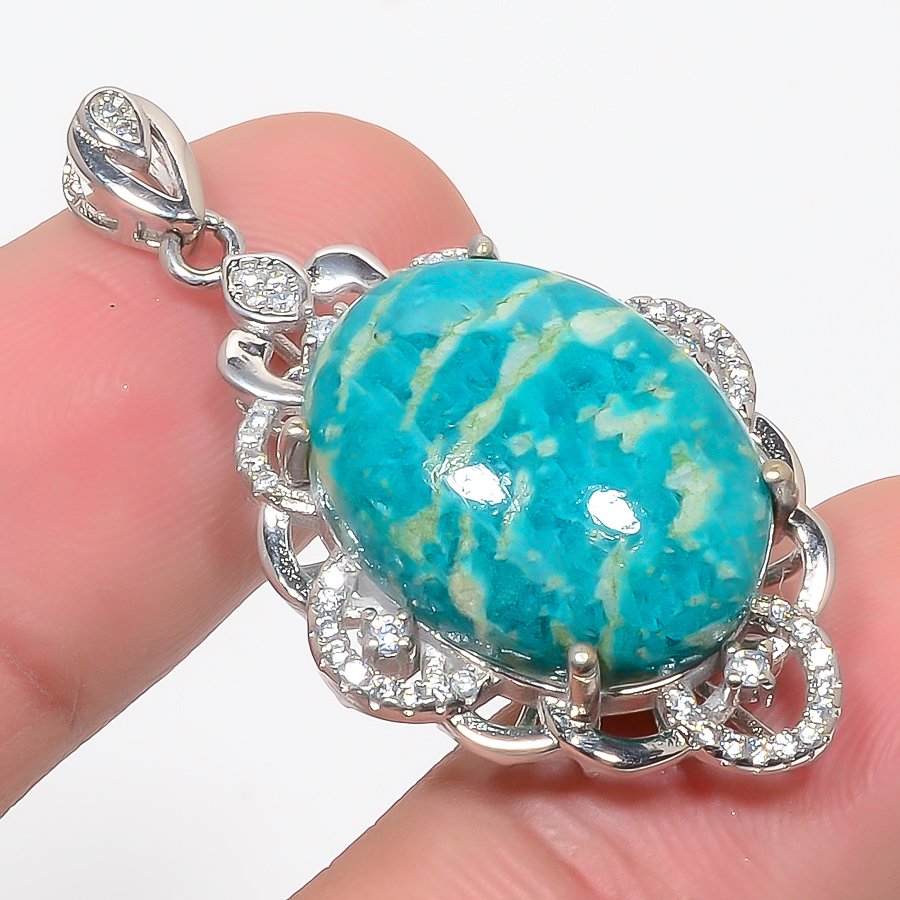 Amazonite & Cz 925 Sterling Silver Pendant, Handmade Pendant, Oval Pendant, Green Pendant, Unique Silver Pendant, Fine Pendant, Silver Jewelry Pendant