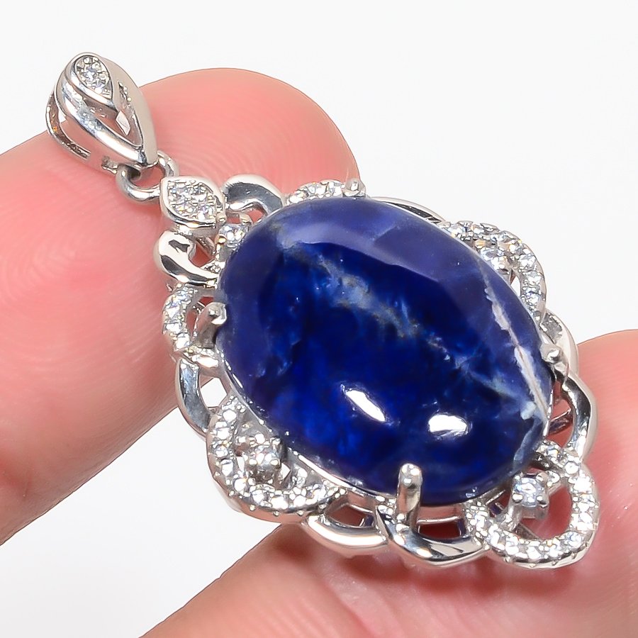 Sodalite & Cz 925 Sterling Silver Pendant, Handmade Pendant, Oval Pendant, Blue Pendant, Unique Silver Pendant, Fine Pendant, Silver Jewelry Pendant