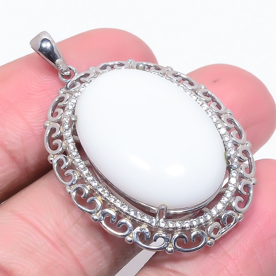 White Coral & White Topaz 925 Sterling Silver Pendant, Handmade Pendant, Oval Pendant, White Pendant, Unique Silver Pendant, Fine Pendant, Silver Jewelry Pendant