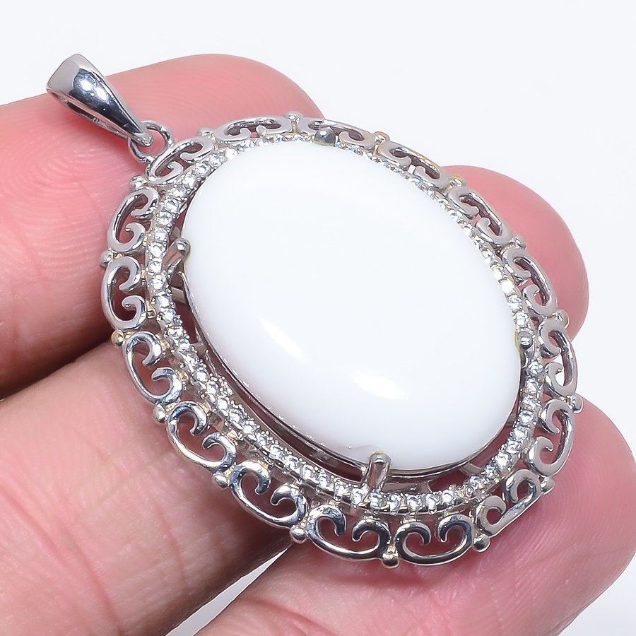 White Coral & Topaz 925 Sterling Silver Pendant, Handmade Pendant, Oval Pendant, White Pendant, Unique Silver Pendant, Fine Pendant, Silver Jewelry Pendant