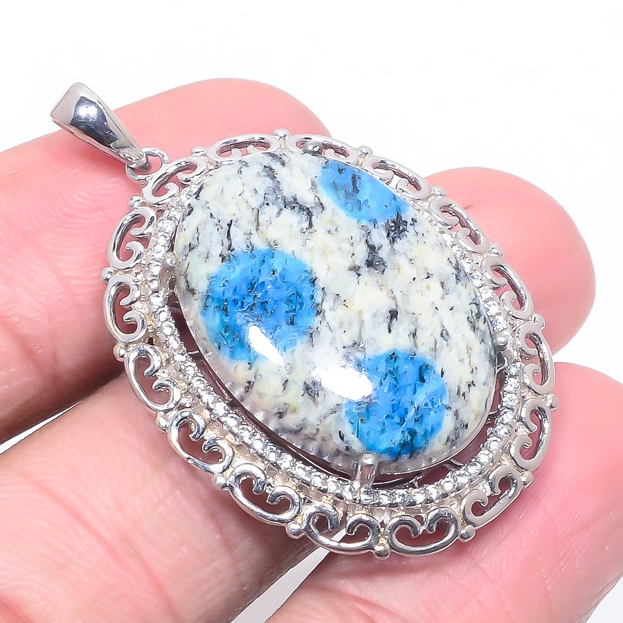 K2 Blue Azurite & White Topaz 925 Sterling Silver Pendant, Handmade Pendant, Oval Pendant, Blue Pendant, Unique Silver Pendant, Fine Pendant, Silver Jewelry Pendant