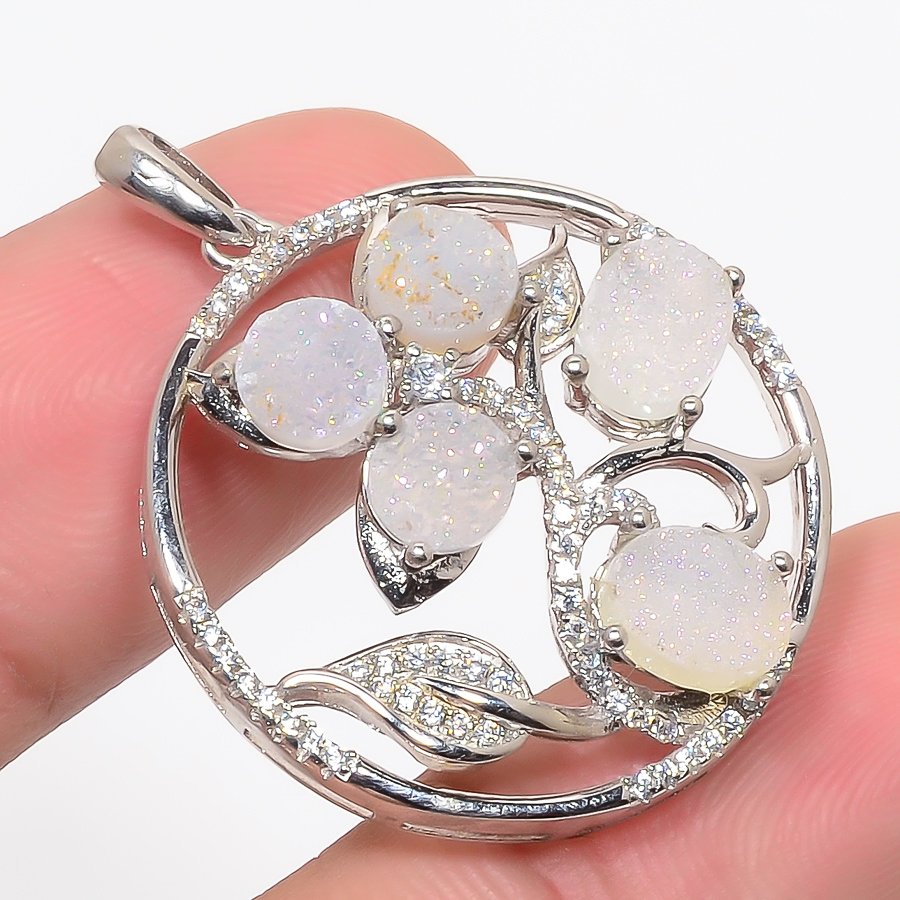 Titanium Opalite Drusy & Cz 925 Sterling Silver Pendant, Handmade Pendant, Oval Pendant, Silver Pendant, Unique Silver Pendant, Fine Pendant, Silver Jewelry Pendant