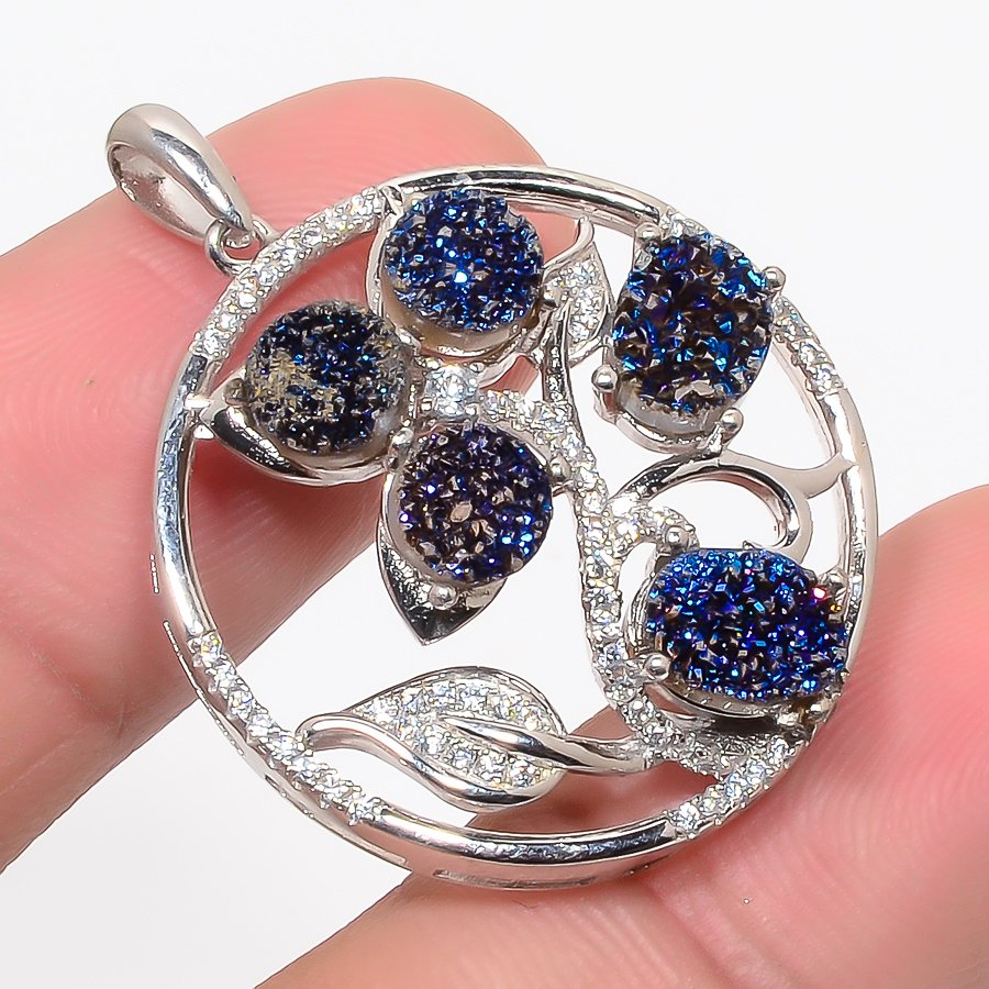 Titanium Blue Drusy & Cz 925 Sterling Silver Pendant, Handmade Pendant, Oval Pendant, Blue Pendant, Unique Silver Pendant, Fine Pendant, Silver Jewelry Pendant