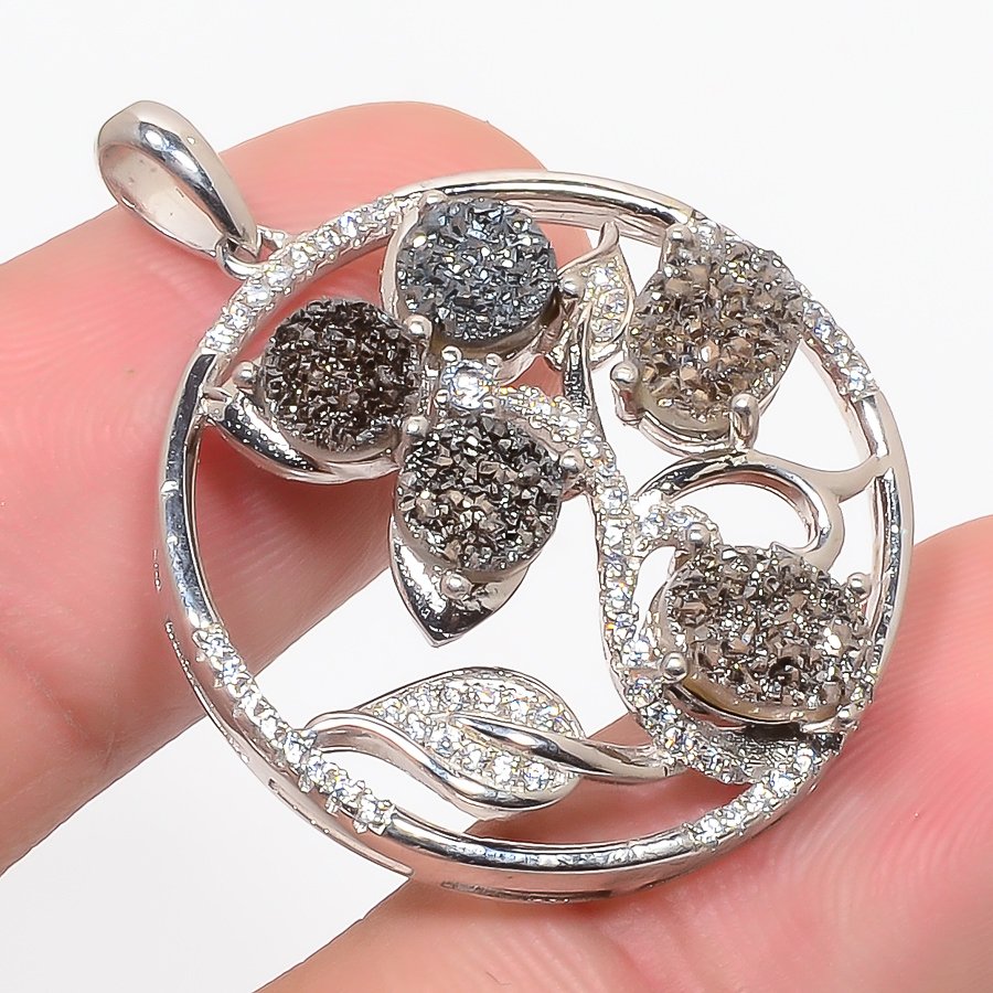 Titanium Black Drusy & Cz 925 Sterling Silver Pendant, Handmade Pendant, Oval Pendant, Silver Pendant, Unique Silver Pendant, Fine Pendant, Silver Jewelry Pendant