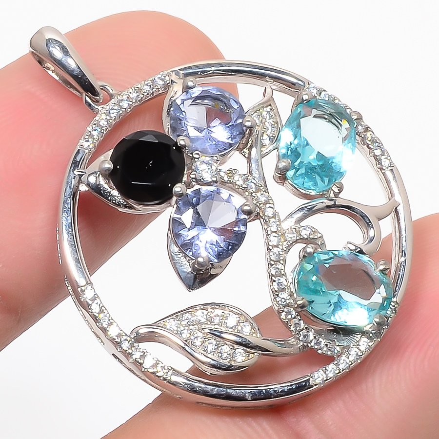 Multi & Cz 925 Sterling Silver Pendant, Handmade Pendant, Oval Pendant, Multi Pendant, Unique Silver Pendant, Fine Pendant, Silver Jewelry Pendant
