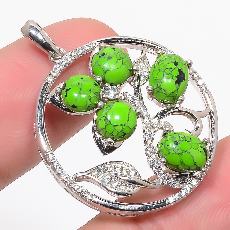 Green Turquoise & Cz 925 Sterling Silver Pendant, Handmade Pendant, Oval Pendant, Green Pendant, Unique Silver Pendant, Fine Pendant, Silver Jewelry Pendant