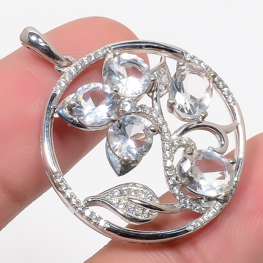 White Topaz & Cz 925 Sterling Silver Pendant, Handmade Pendant, Oval Pendant, White Pendant, Unique Silver Pendant, Fine Pendant, Silver Jewelry Pendant