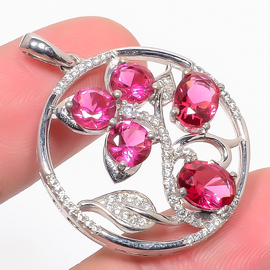 Pink Rubellite Tourmaline & Cz 925 Sterling Silver Pendant, Handmade Pendant, Oval Pendant, Pink Pendant, Unique Silver Pendant, Fine Pendant, Silver Jewelry Pendant
