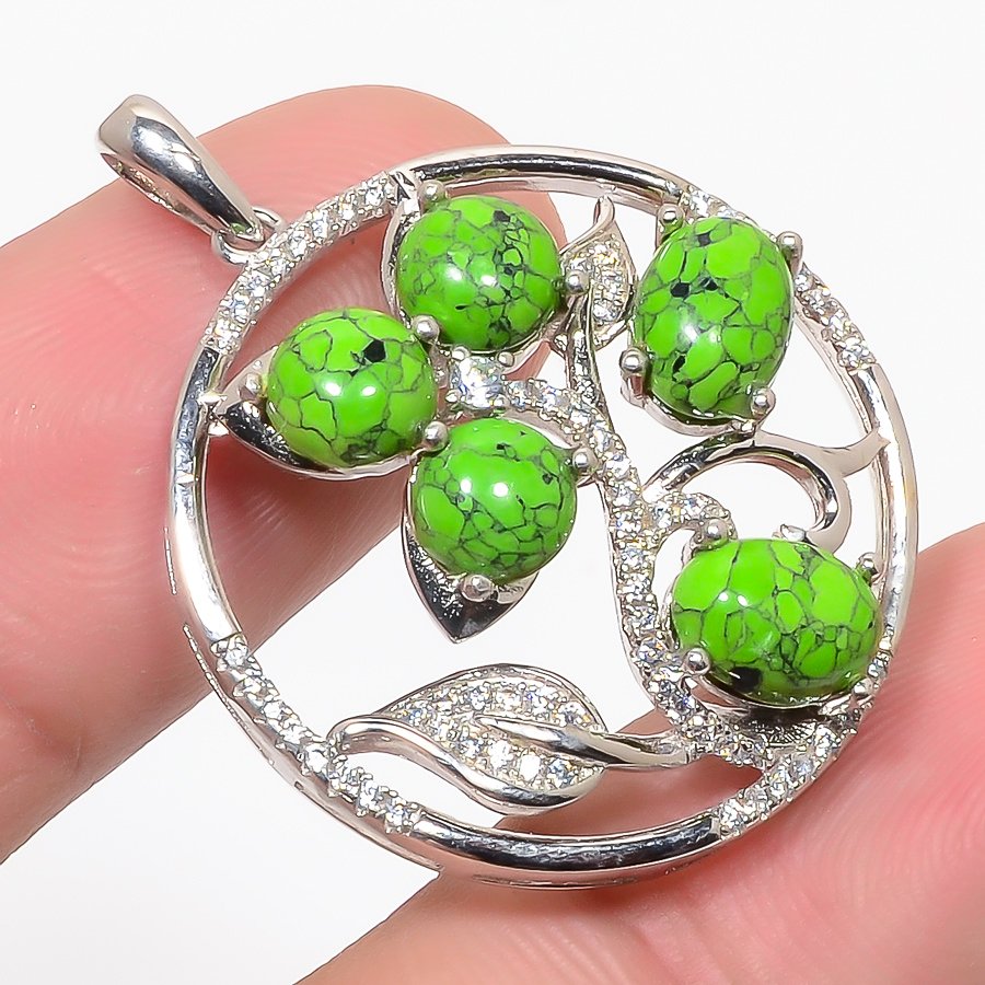 Green Turquoise & Cz 925 Sterling Silver Pendant, Handmade Pendant, Oval Pendant, Green Pendant, Unique Silver Pendant, Fine Pendant, Silver Jewelry Pendant