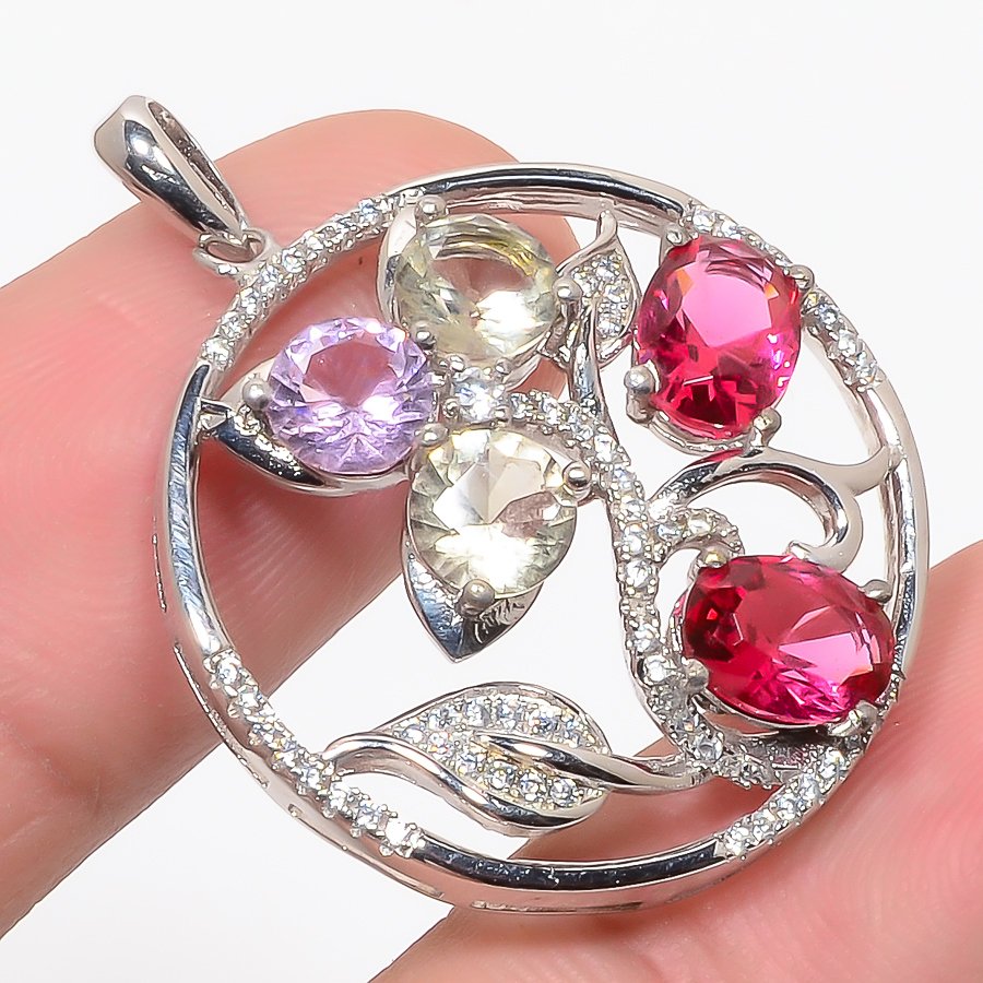 Multi & Cz 925 Sterling Silver Pendant, Handmade Pendant, Oval Pendant, Multi Pendant, Unique Silver Pendant, Fine Pendant, Silver Jewelry Pendant