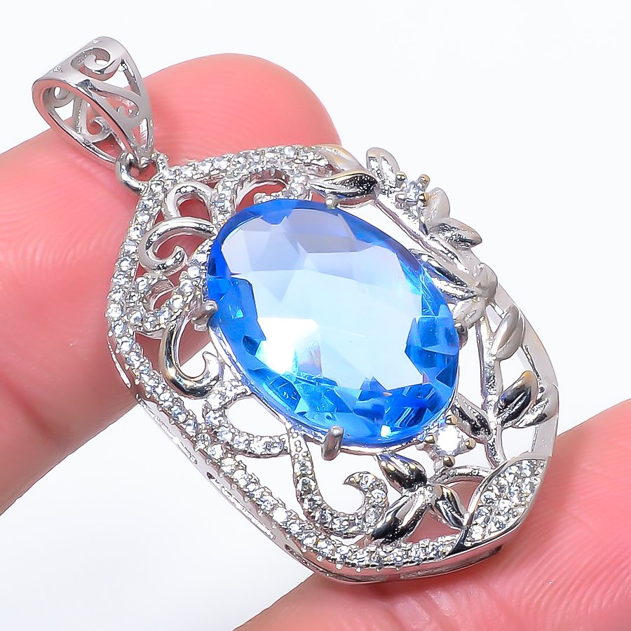 Tanzanite Quartz & Cz 925 Sterling Silver Pendant, Handmade Pendant, Oval Pendant, Blue Pendant, Unique Silver Pendant, Fine Pendant, Silver Jewelry Pendant