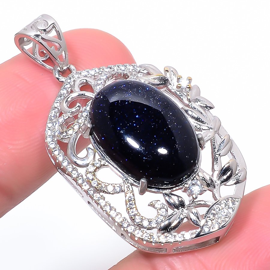 Blue Sunstone & Cz 925 Sterling Silver Pendant, Handmade Pendant, Oval Pendant, Blue Pendant, Unique Silver Pendant, Fine Pendant, Silver Jewelry Pendant
