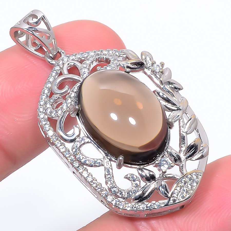Smoky Quartz & Cz 925 Sterling Silver Pendant, Handmade Pendant, Oval Pendant, Brown Pendant, Unique Silver Pendant, Fine Pendant, Silver Jewelry Pendant