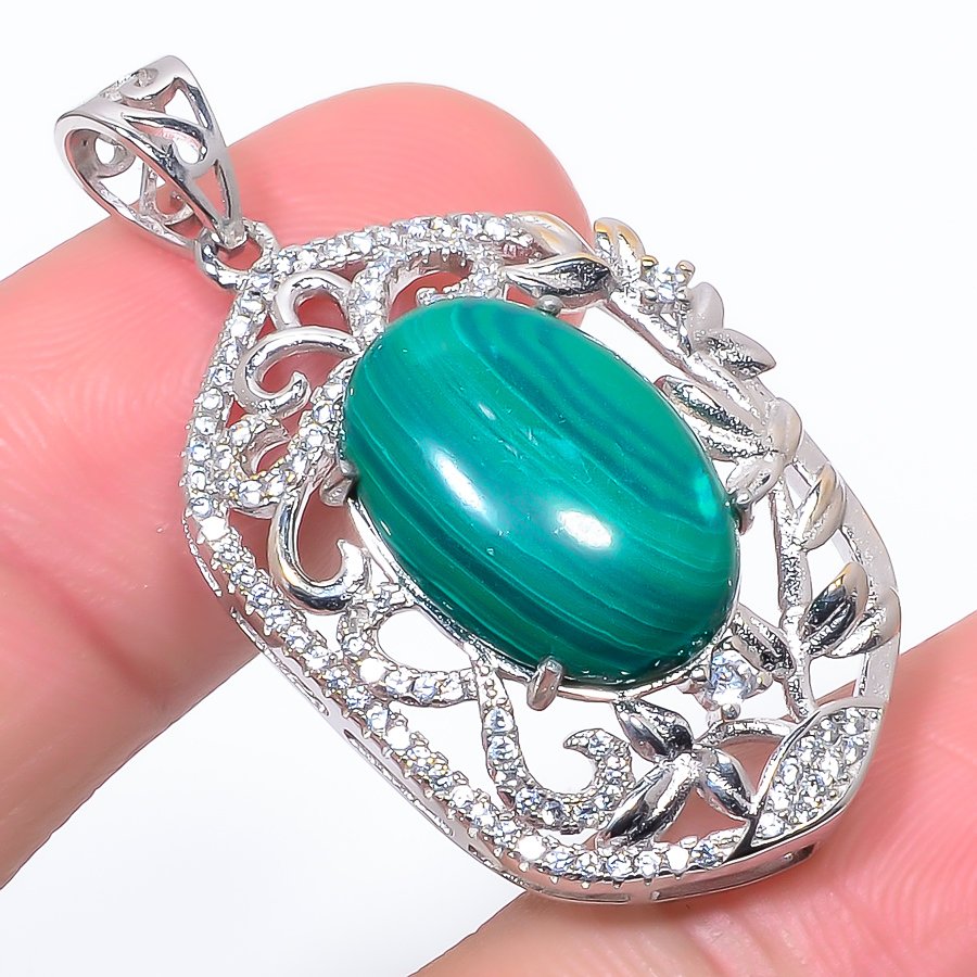 Malachite & Cz 925 Sterling Silver Pendant, Handmade Pendant, Oval Pendant, Green Pendant, Unique Silver Pendant, Fine Pendant, Silver Jewelry Pendant