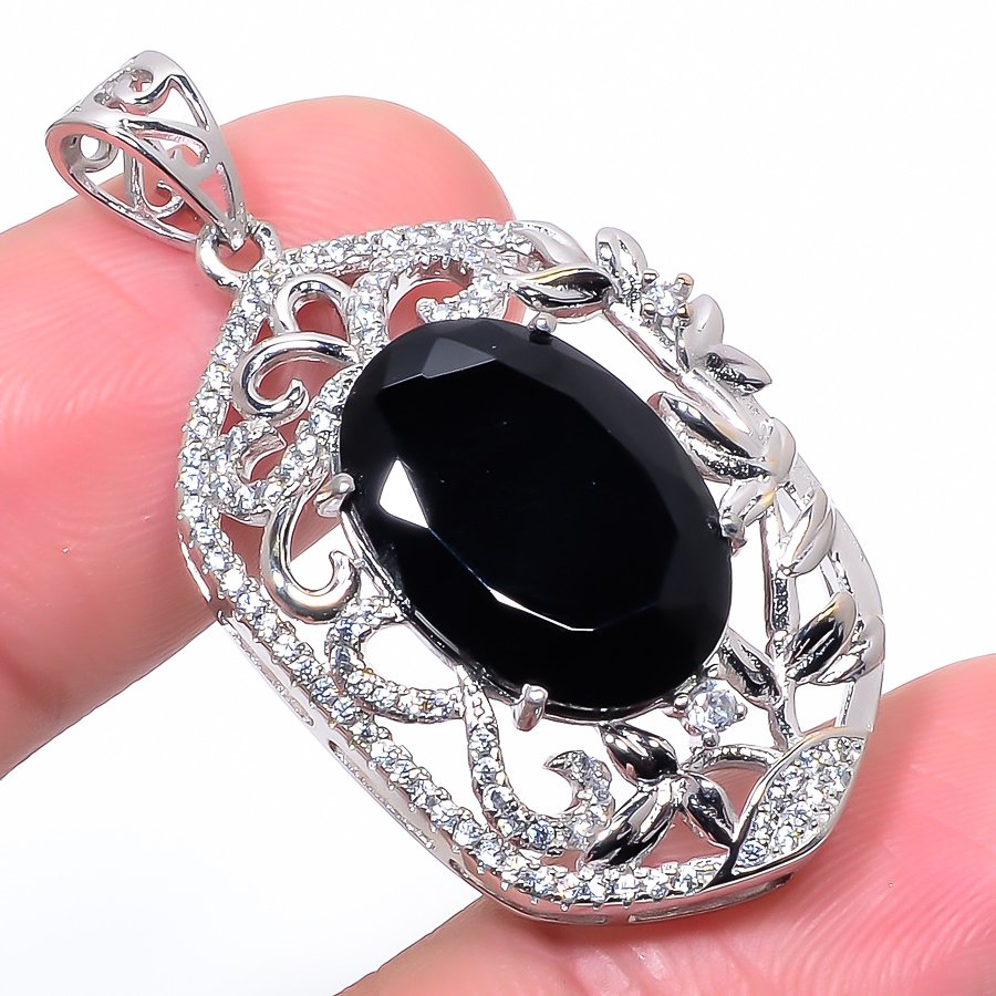 Black Onyx & Cz 925 Sterling Silver Pendant, Handmade Pendant, Oval Pendant, Black Pendant, Unique Silver Pendant, Fine Pendant, Silver Jewelry Pendant