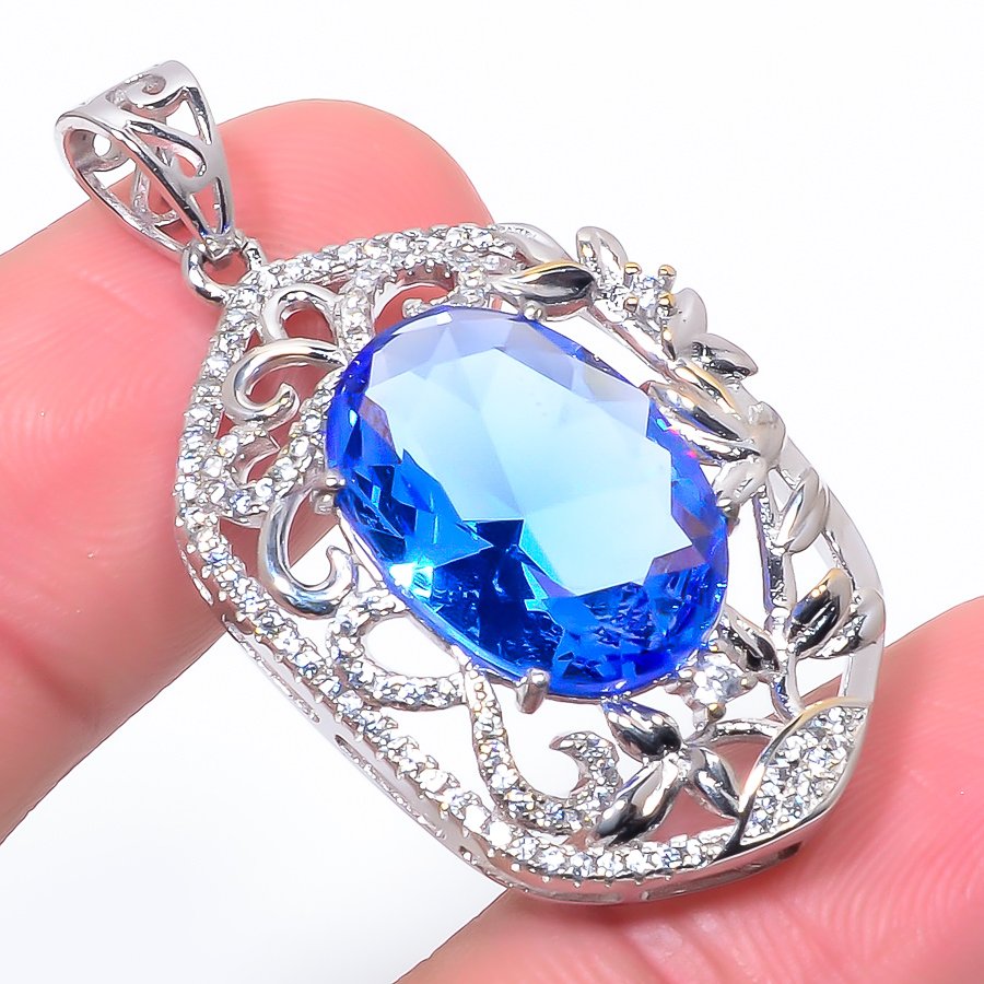 Tanzanite Quartz & Cz 925 Sterling Silver Pendant, Handmade Pendant, Oval Pendant, Blue Pendant, Unique Silver Pendant, Fine Pendant, Silver Jewelry Pendant