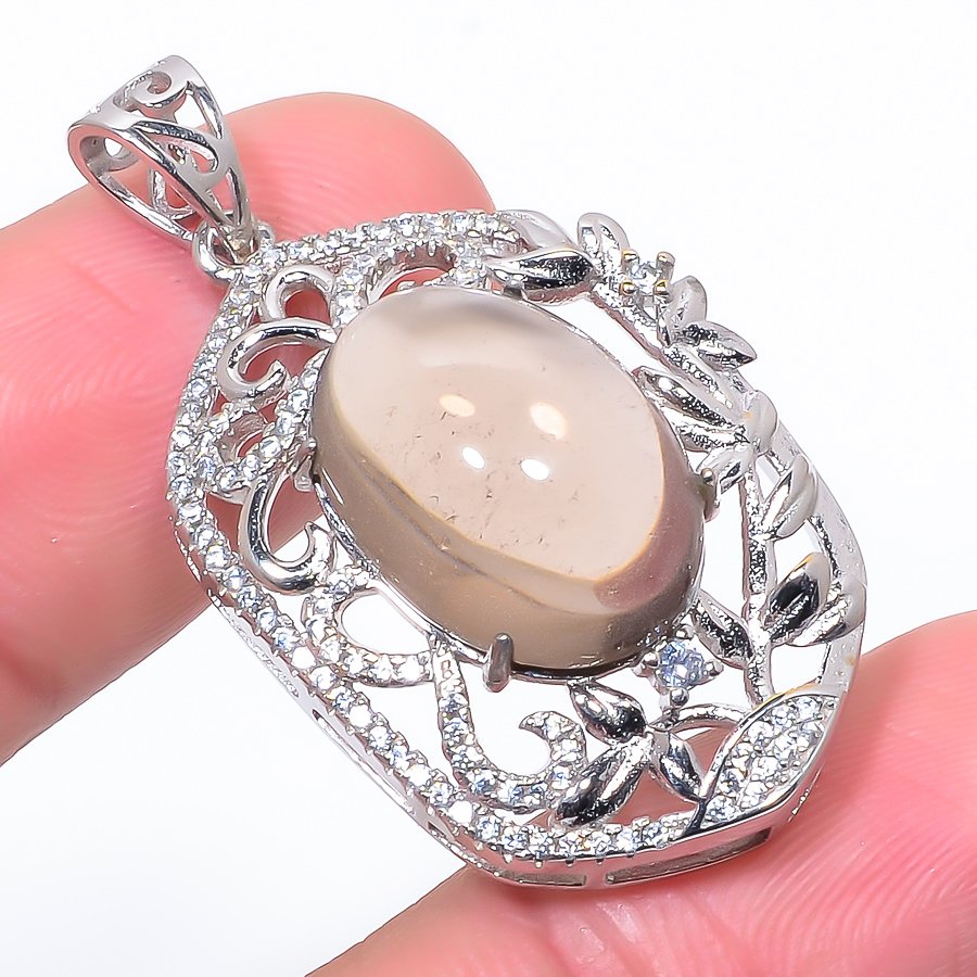 Smoky Quartz, Cz 925 Sterling Silver Pendant, Handmade Pendant, Oval Pendant, Brown Pendant, Unique Silver Pendant, Fine Pendant, Silver Jewelry Pendant
