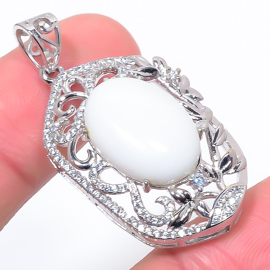 White Coral & Cz 925 Sterling Silver Pendant, Handmade Pendant, Oval Pendant, White Pendant, Unique Silver Pendant, Fine Pendant, Silver Jewelry Pendant