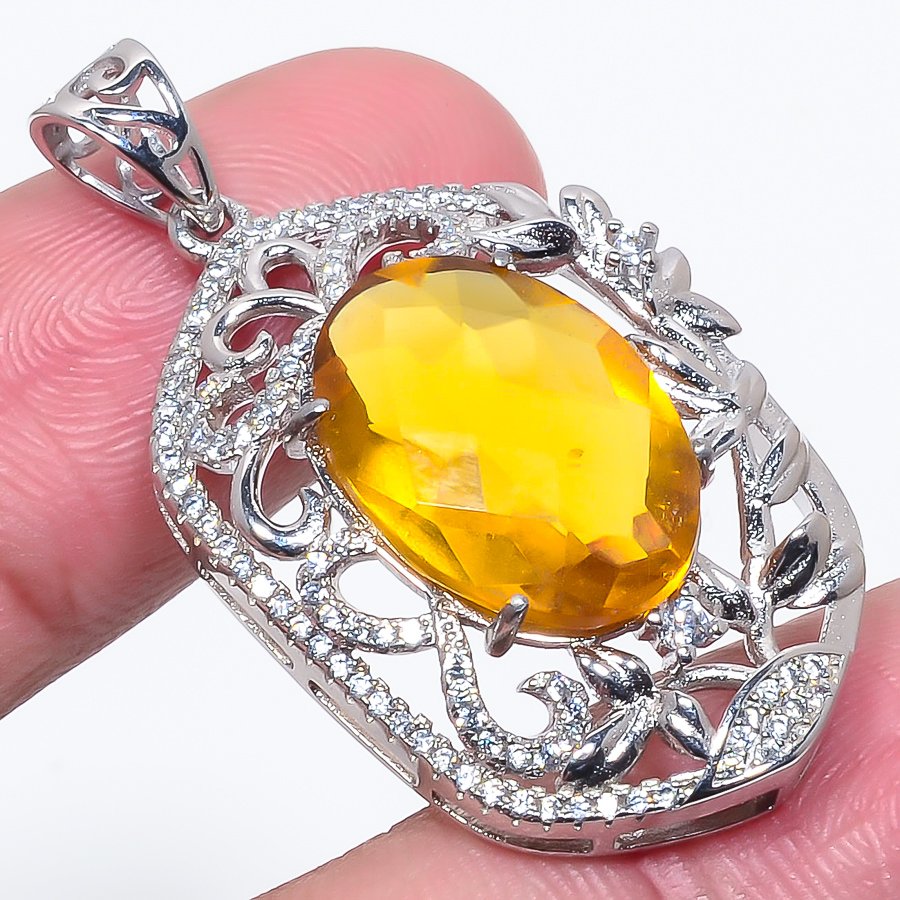 Citrine & Topaz 925 Sterling Silver Pendant, Handmade Pendant, Oval Pendant, Yellow Pendant, Unique Silver Pendant, Fine Pendant, Silver Jewelry Pendant
