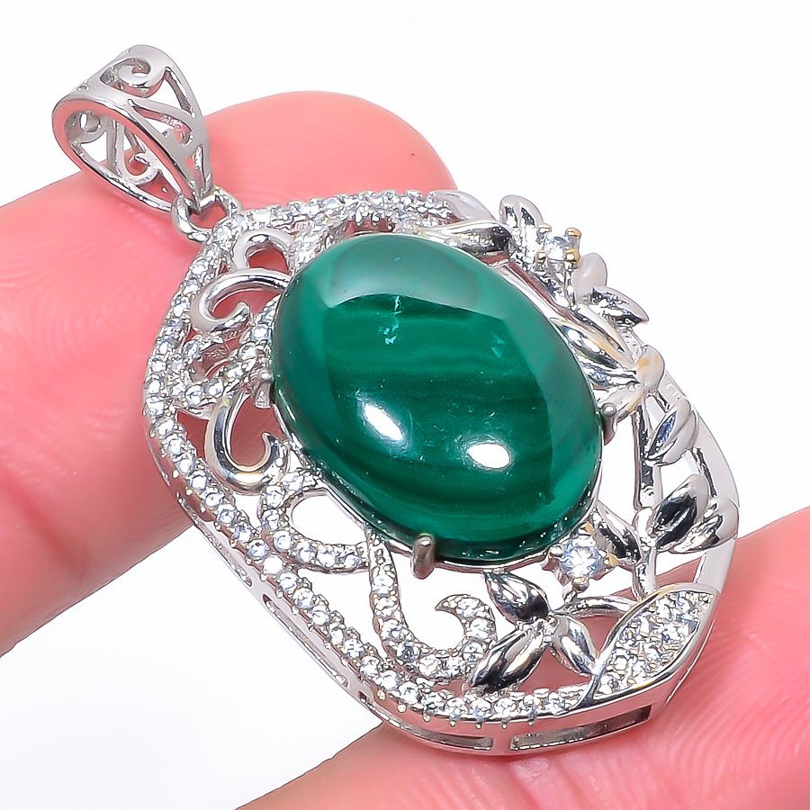 Malachite & Cz 925 Sterling Silver Pendant, Handmade Pendant, Oval Pendant, Green Pendant, Unique Silver Pendant, Fine Pendant, Silver Jewelry Pendant