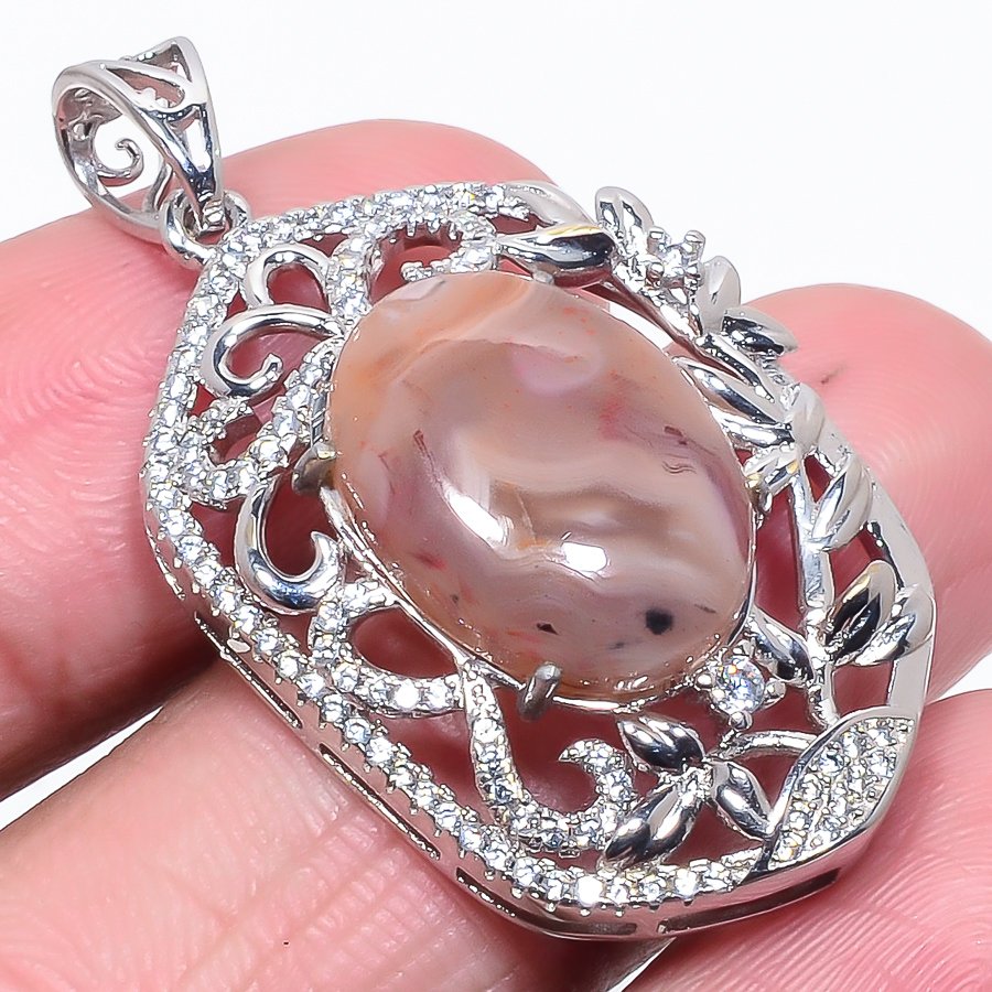 Montana Agate & White Topaz 925 Sterling Silver Pendant, Handmade Pendant, Oval Pendant, Orange Pendant, Unique Silver Pendant, Fine Pendant, Silver Jewelry Pendant