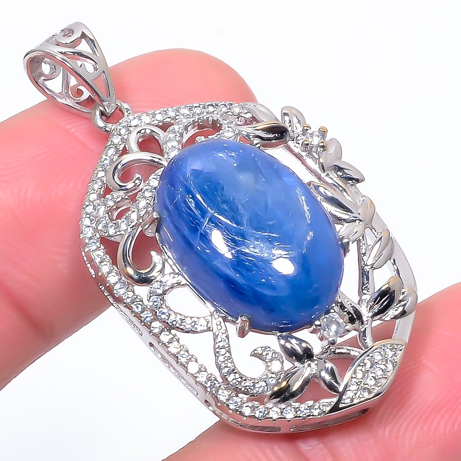 Kyanite & Cz 925 Sterling Silver Pendant, Handmade Pendant, Oval Pendant, Blue Pendant, Unique Silver Pendant, Fine Pendant, Silver Jewelry Pendant