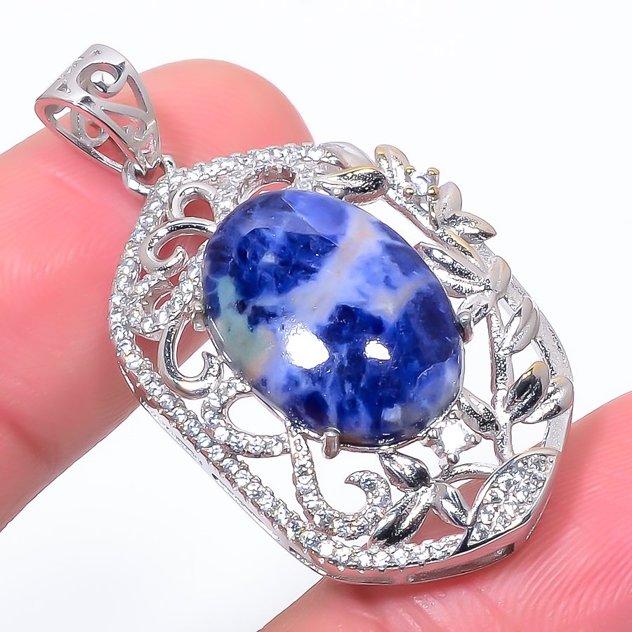 Sodalite & Cz 925 Sterling Silver Pendant, Handmade Pendant, Oval Pendant, Blue Pendant, Unique Silver Pendant, Fine Pendant, Silver Jewelry Pendant