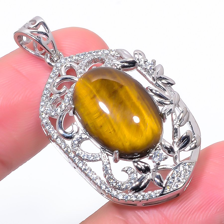 Thai Tiger Eye & Cz 925 Sterling Silver Pendant, Handmade Pendant, Oval Pendant, Yellow Pendant, Unique Silver Pendant, Fine Pendant, Silver Jewelry Pendant