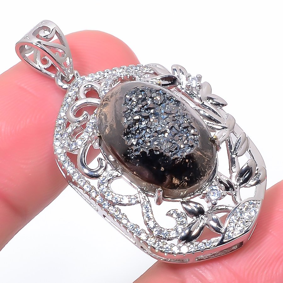 Black Titanium Drusy & Cz 925 Sterling Silver Pendant, Handmade Pendant, Oval Pendant, Black Pendant, Unique Silver Pendant, Fine Pendant, Silver Jewelry Pendant
