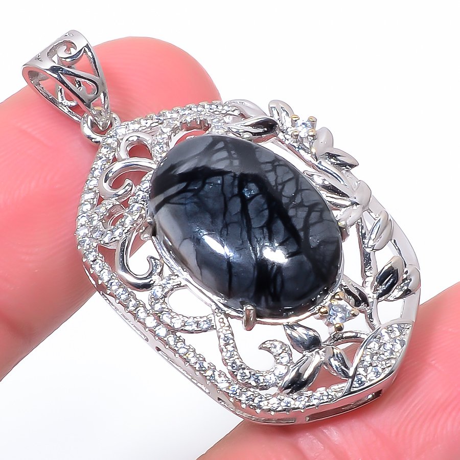 Picasso Jasper & Cz 925 Sterling Silver Pendant, Handmade Pendant, Oval Pendant, Black Pendant, Unique Silver Pendant, Fine Pendant, Silver Jewelry Pendant