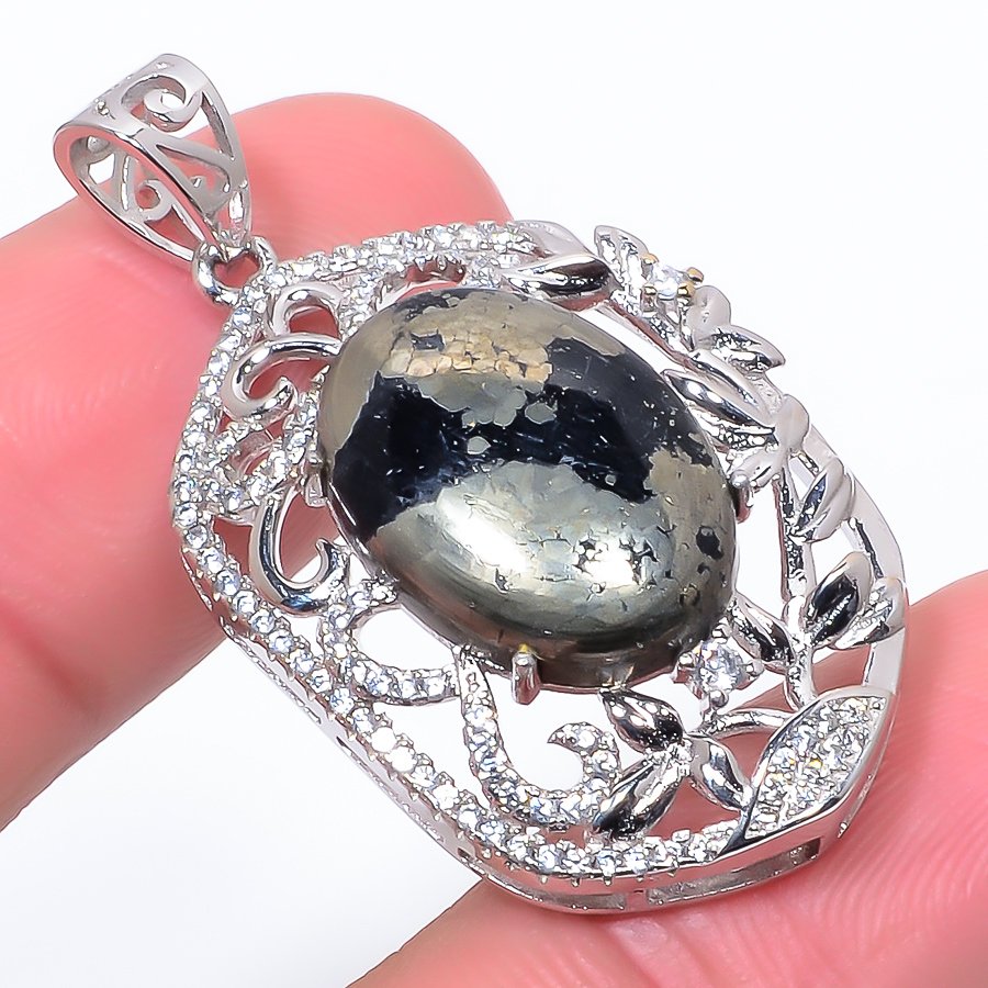 Magnesite Pyrite & Cz 925 Sterling Silver Pendant, Handmade Pendant, Oval Pendant, Gold & Black Pendant, Unique Silver Pendant, Fine Pendant, Silver Jewelry Pendant
