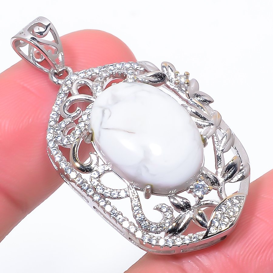 Howlite & Cz 925 Sterling Silver Pendant, Handmade Pendant, Oval Pendant, White Pendant, Unique Silver Pendant, Fine Pendant, Silver Jewelry Pendant