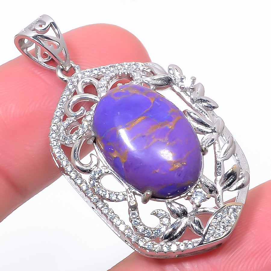 Copper Purple Turquoise & Cz 925 Sterling Silver Pendant, Handmade Pendant, Oval Pendant, Purple Pendant, Unique Silver Pendant, Fine Pendant, Silver Jewelry Pendant