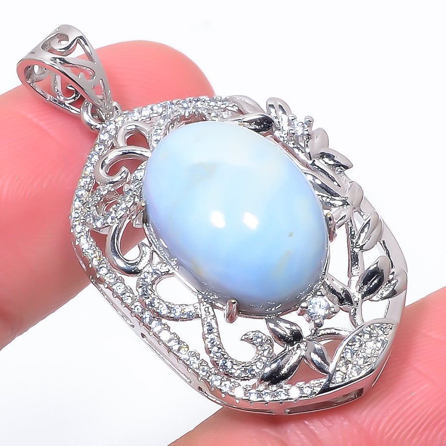 Owyhee Blue Opal & Cz 925 Sterling Silver Pendant, Handmade Pendant, Oval Pendant, Blue Pendant, Unique Silver Pendant, Fine Pendant, Silver Jewelry Pendant