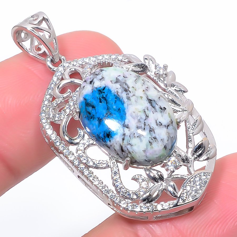 K2 Blue Azurite & Cz 925 Sterling Silver Pendant, Handmade Pendant, Oval Pendant, Blue Pendant, Unique Silver Pendant, Fine Pendant, Silver Jewelry Pendant