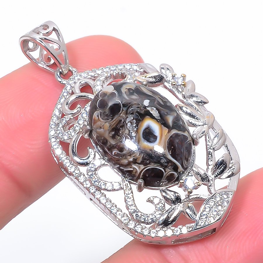 Turritella Fossil Agate & Cz 925 Sterling Silver Pendant, Handmade Pendant, Oval Pendant, Brown Pendant, Unique Silver Pendant, Fine Pendant, Silver Jewelry Pendant