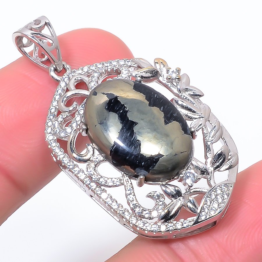 Magnesite Pyrite & Cz 925 Sterling Silver Pendant, Handmade Pendant, Oval Pendant, Gold & Black Pendant, Unique Silver Pendant, Fine Pendant, Silver Jewelry Pendant