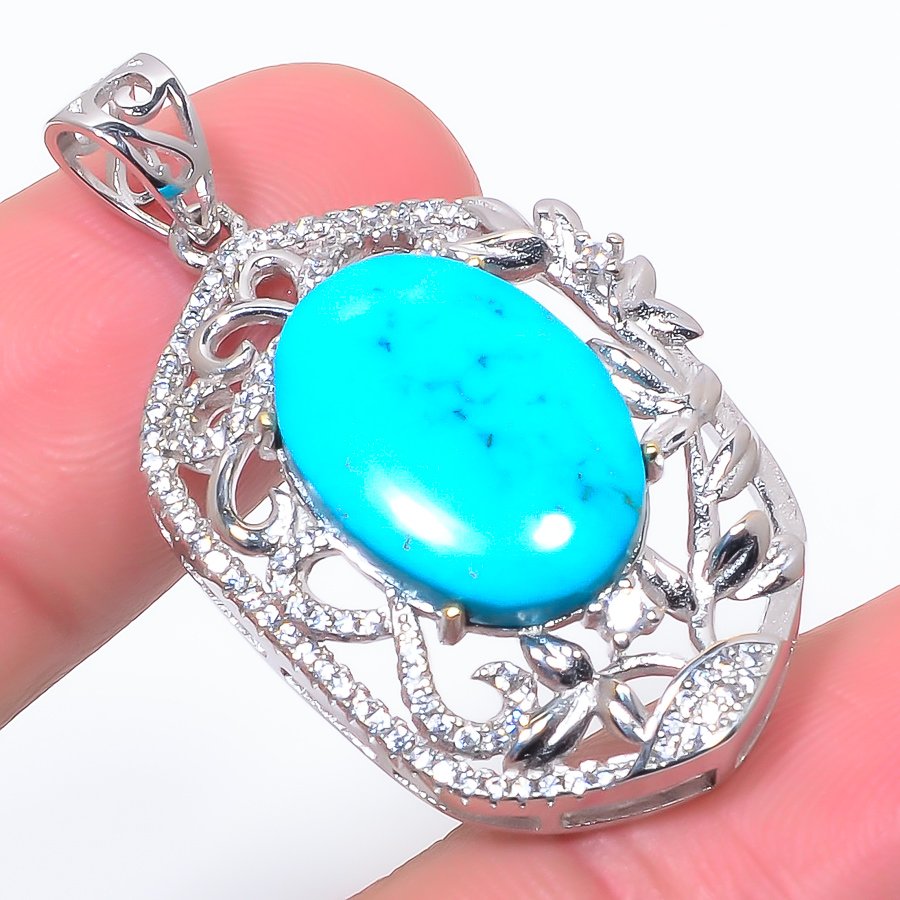 Magnesite Turquoise, Cz 925 Sterling Silver Pendant, Handmade Pendant, Oval Pendant, Blue Pendant, Unique Silver Pendant, Fine Pendant, Silver Jewelry Pendant