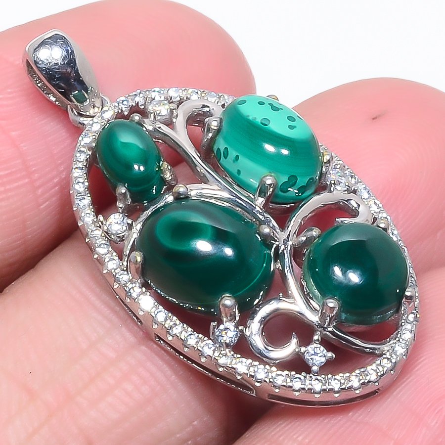 Malachite & White Topaz 925 Sterling Silver Pendant, Handmade Pendant, Oval Pendant, Green Pendant, Unique Silver Pendant, Fine Pendant, Silver Jewelry Pendant