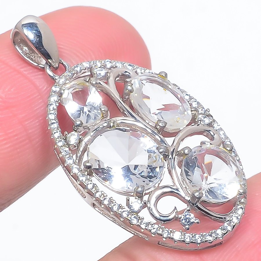 White Topaz & Cz 925 Sterling Silver Pendant, Handmade Pendant, Oval Pendant, White Pendant, Unique Silver Pendant, Fine Pendant, Silver Jewelry Pendant