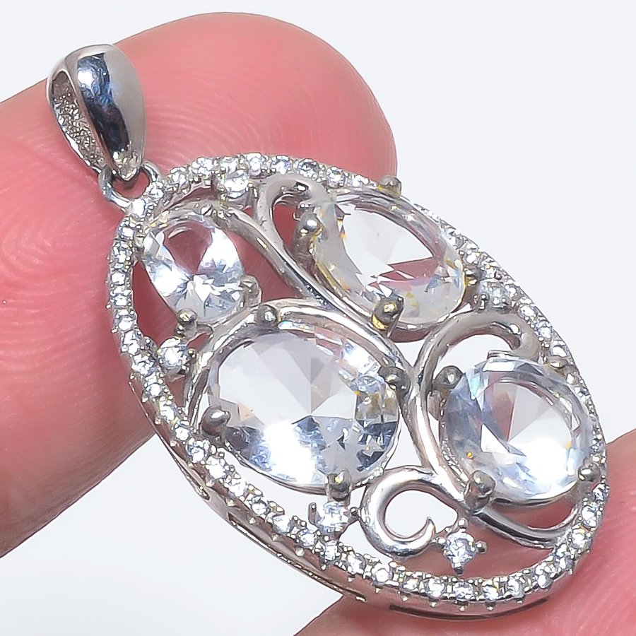 White Topaz & Cz 925 Sterling Silver Pendant, Handmade Pendant, Oval Pendant, White Pendant, Unique Silver Pendant, Fine Pendant, Silver Jewelry Pendant