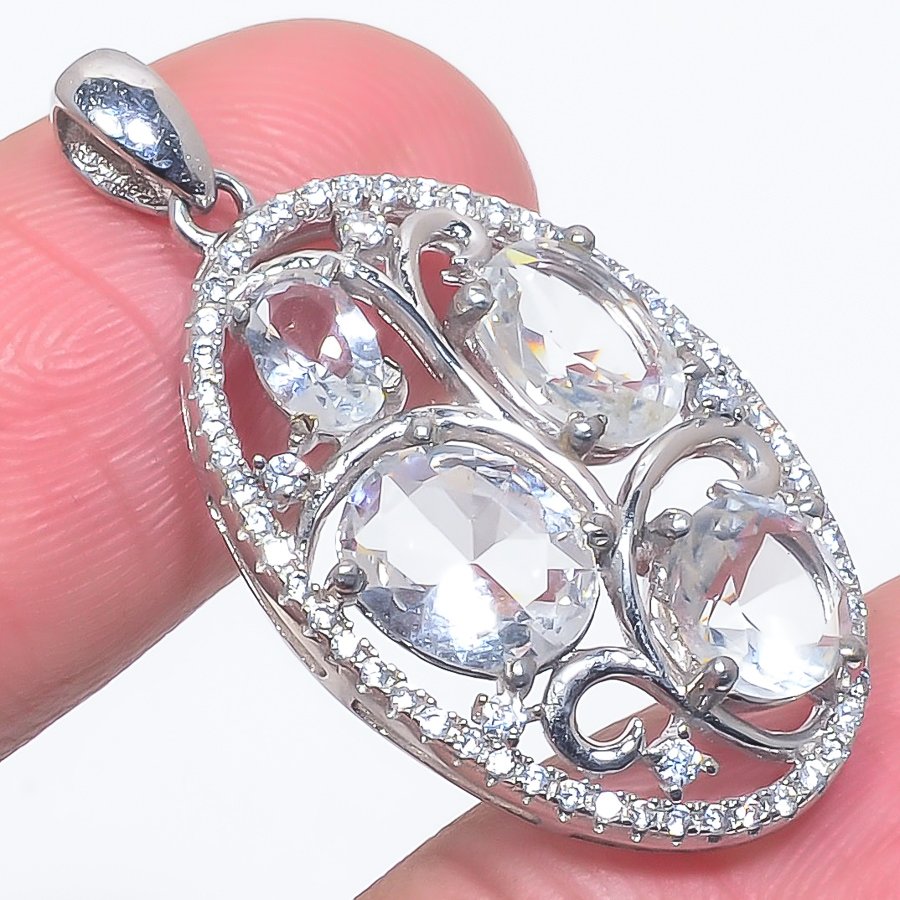 White Topaz & Cz 925 Sterling Silver Pendant, Handmade Pendant, Oval Pendant, White Pendant, Unique Silver Pendant, Fine Pendant, Silver Jewelry Pendant
