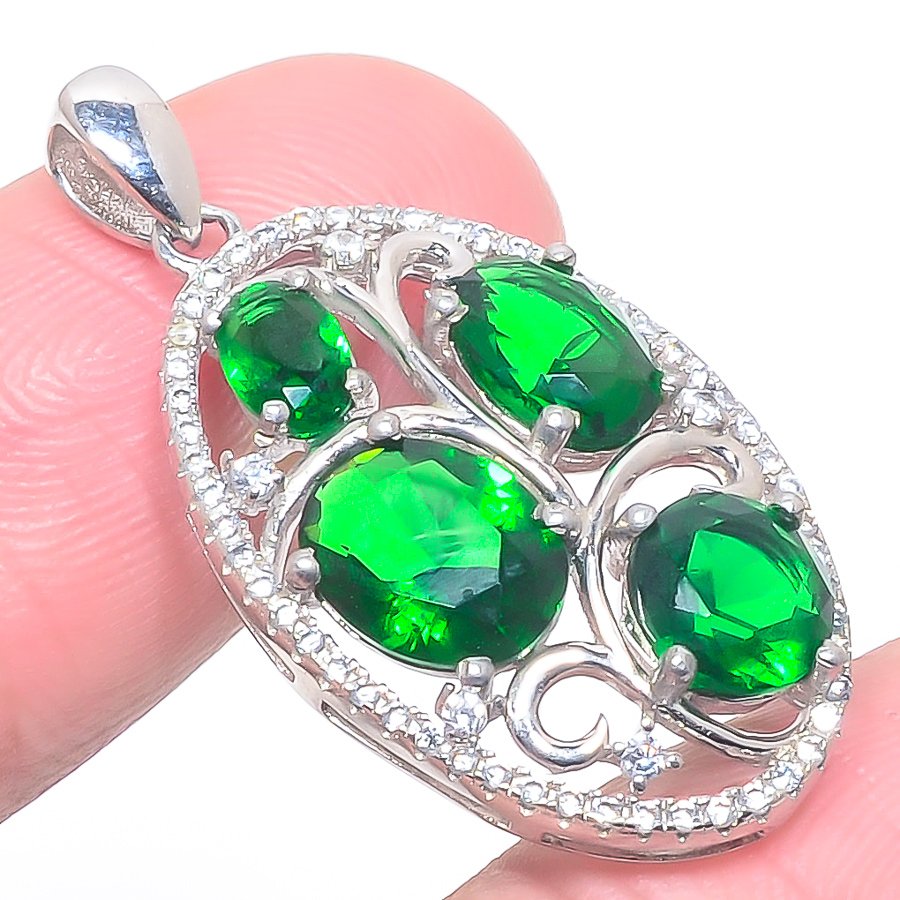 Tsavorite Quartz & Topaz 925 Sterling Silver Pendant, Handmade Pendant, Oval Pendant, Green Pendant, Unique Silver Pendant, Fine Pendant, Silver Jewelry Pendant