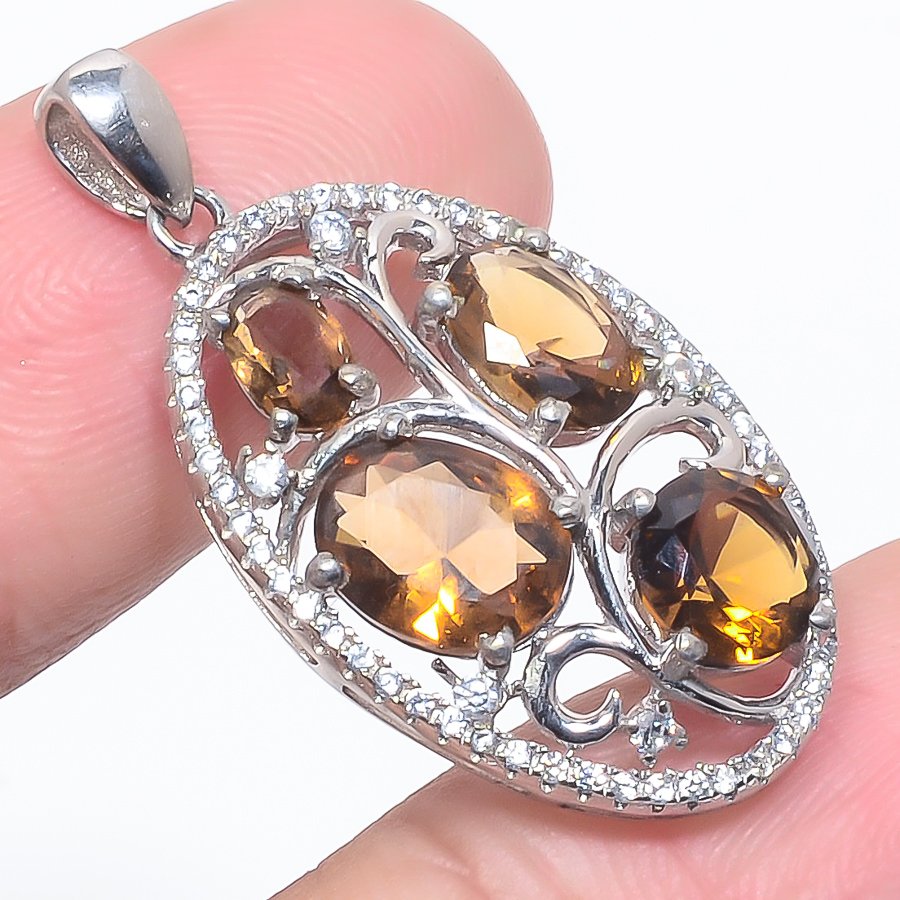 Smoky Quartz & White Topaz 925 Sterling Silver Pendant, Handmade Pendant, Oval Pendant, Brown Pendant, Unique Silver Pendant, Fine Pendant, Silver Jewelry Pendant