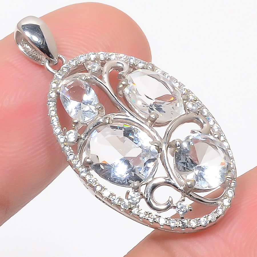 White Topaz & Cz 925 Sterling Silver Pendant, Handmade Pendant, Oval Pendant, White Pendant, Unique Silver Pendant, Fine Pendant, Silver Jewelry Pendant