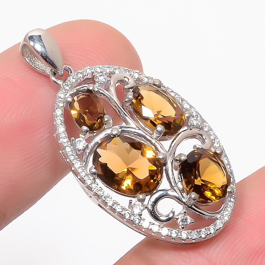 Smoky Quartz & Cz 925 Sterling Silver Pendant, Handmade Pendant, Oval Pendant, Brown Pendant, Unique Silver Pendant, Fine Pendant, Silver Jewelry Pendant