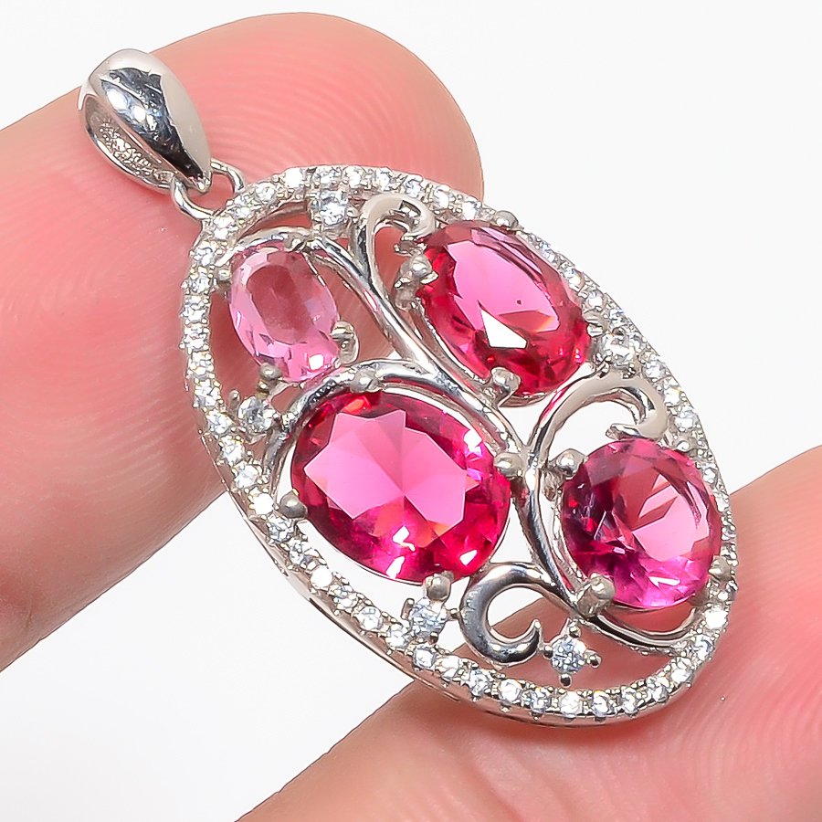 Pink Rubellite Tourmaline & Cz 925 Sterling Silver Pendant, Handmade Pendant, Oval Pendant, Pink Pendant, Unique Silver Pendant, Fine Pendant, Silver Jewelry Pendant