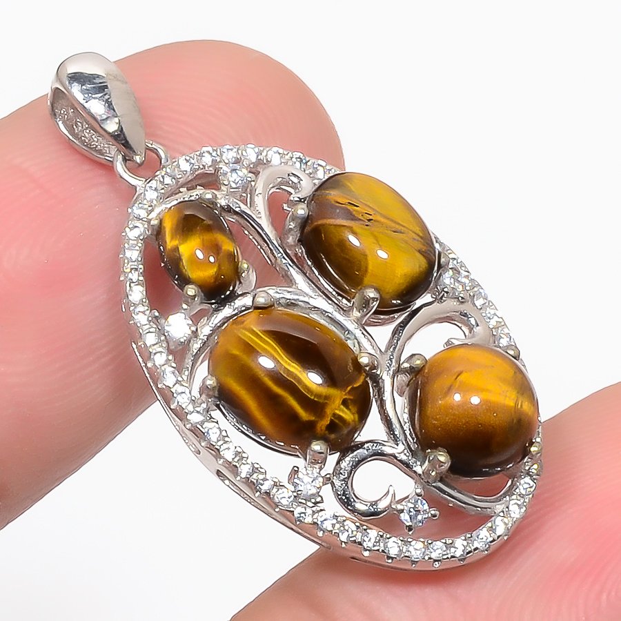 Yellow Tiger Eye & Cz 925 Sterling Silver Pendant, Handmade Pendant, Oval Pendant, Yellow Pendant, Unique Silver Pendant, Fine Pendant, Silver Jewelry Pendant