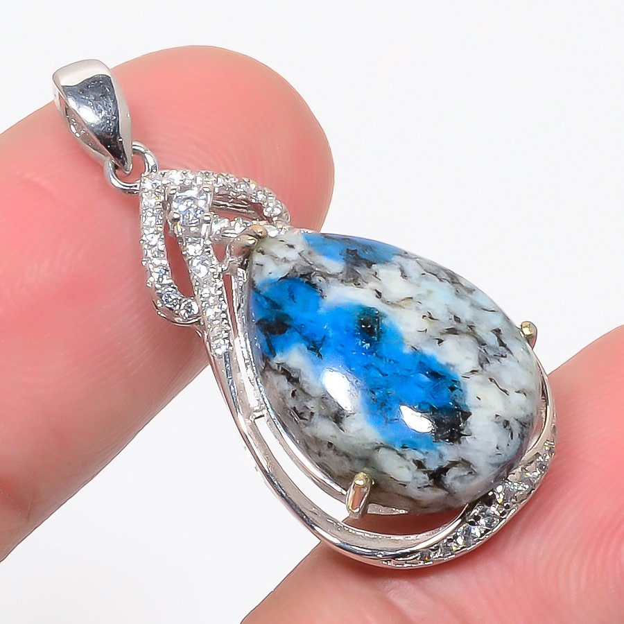 K2 Blue Azurite & Cz 925 Sterling Silver Pendant, Handmade Pendant, Pear Pendant, Blue Pendant, Unique Silver Pendant, Fine Pendant, Silver Jewelry Pendant